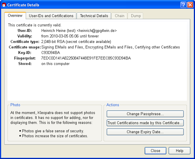 A certificate details window listing a short 8-character Key-ID (C93D94BA) alongside the full 40-character fingerprint it's short for.