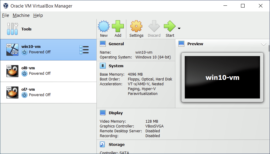 Oracle VM VirtualBox Manager's VM list, showing imported virtual machines and their power state.