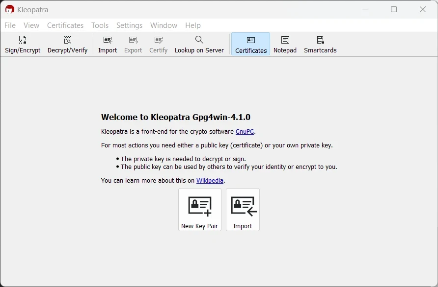 Kleopatra's main window, with the New Key Pair and Import options in the center.