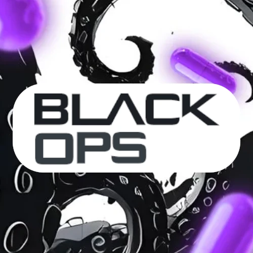 BlackOps's logo: the words BLACK OPS in a bold, futuristic font on a white rounded panel, set against a background of dark purple tentacles.