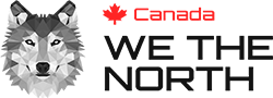 WeTheNorth's logo: a grey wolf's head next to a small red Canadian maple leaf and the word Canada, above WE THE NORTH in bold black letters.