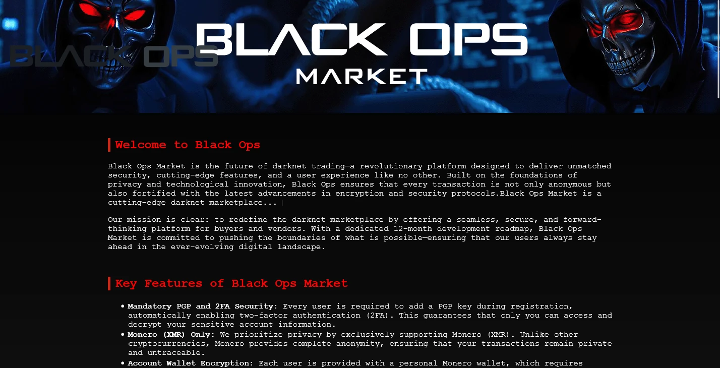 BlackOps's own welcome page, headlined 'Welcome to Black Ops' and 'Key Features of Black Ops Market', listing Mandatory PGP and 2FA Security, Monero (XMR) Only, and Account Wallet Encryption as bullet points.