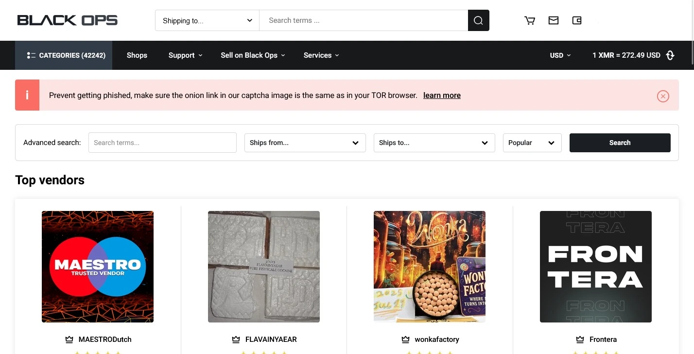 BlackOps's logged-in marketplace view, with a red banner reading 'Prevent getting phished, make sure the onion link in our captcha image is the same as in your TOR browser', above a search bar and a row of top vendor cards.