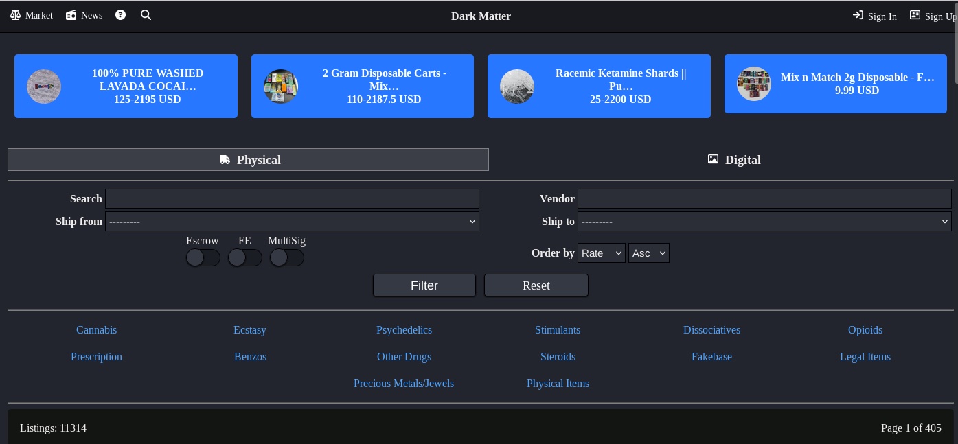 DarkMatter's browse page, showing Physical and Digital catalogue tabs, search and shipping filters, and three toggle switches labelled Escrow, FE and MultiSig above the category list.