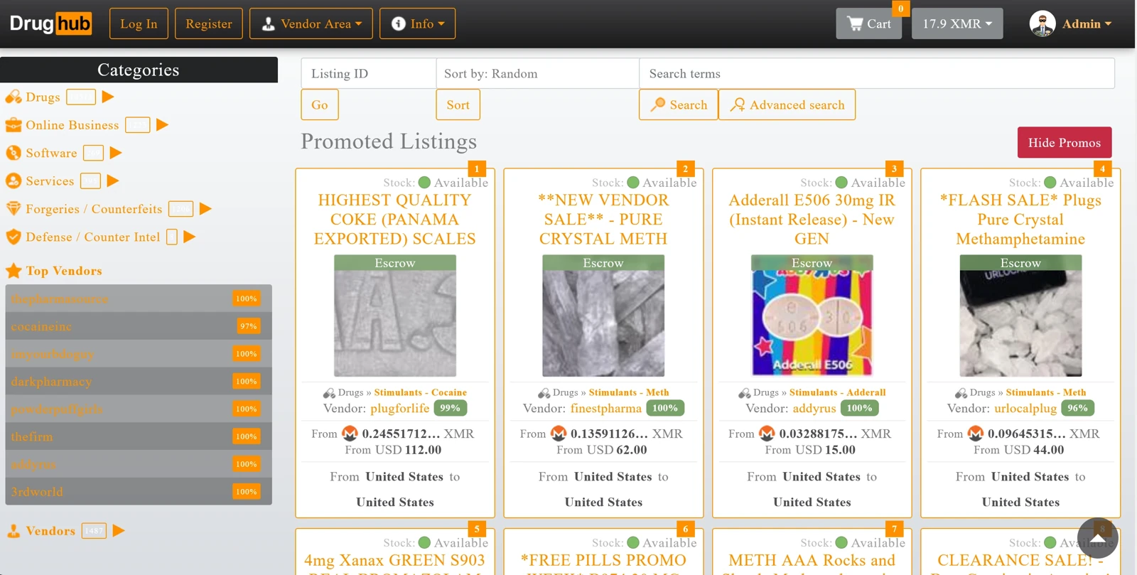 DrugHub's logged-in listings page, showing a category sidebar (Drugs, Online Business, Software, Services, Forgeries/Counterfeits, Defense/Counter Intel), a Top Vendors list, and a grid of promoted listings with escrow badges, XMR prices and shipping origin/destination.