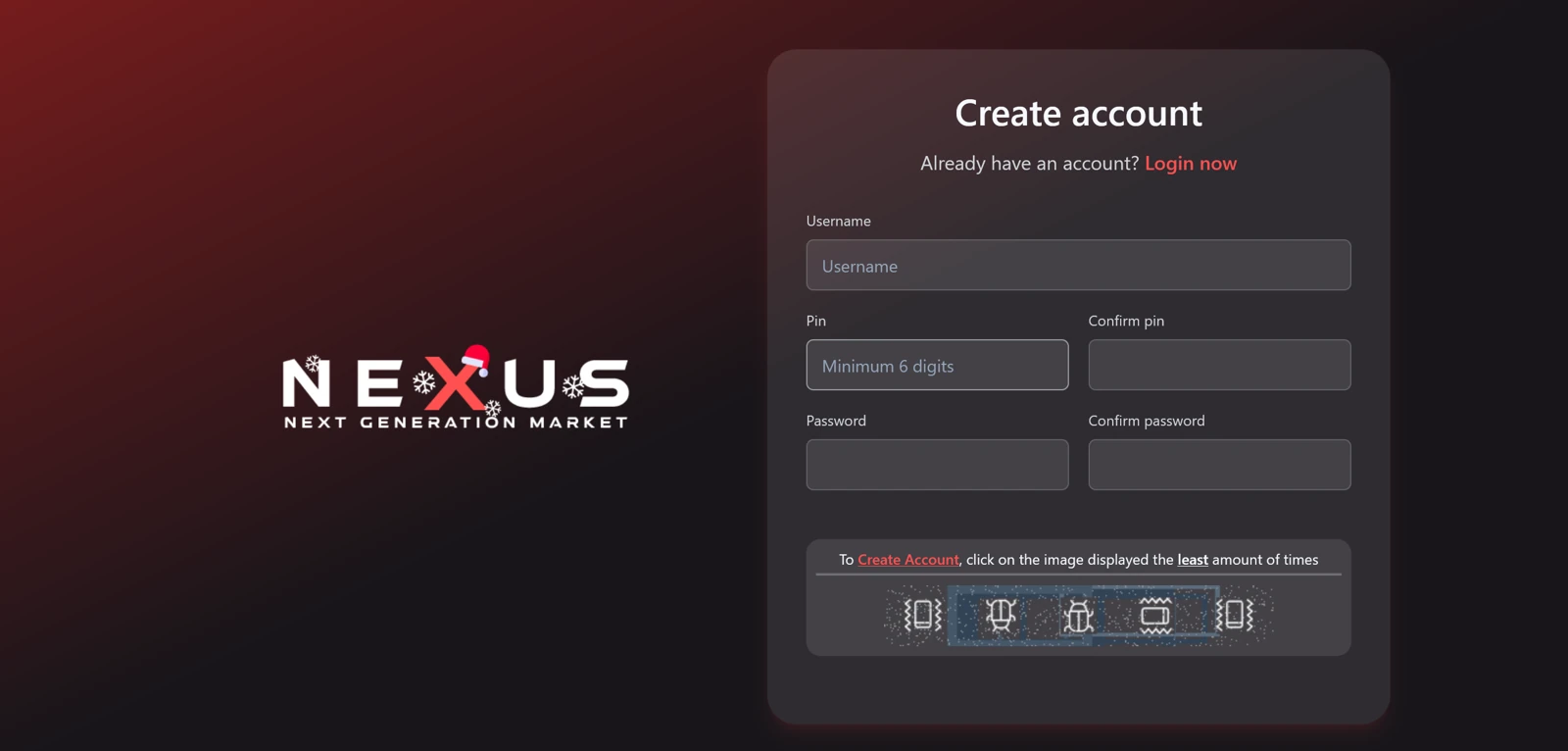 Nexus's account-creation form, with fields for Username, a minimum-six-digit Pin and its confirmation, Password and its confirmation, plus an image-based anti-bot challenge.
