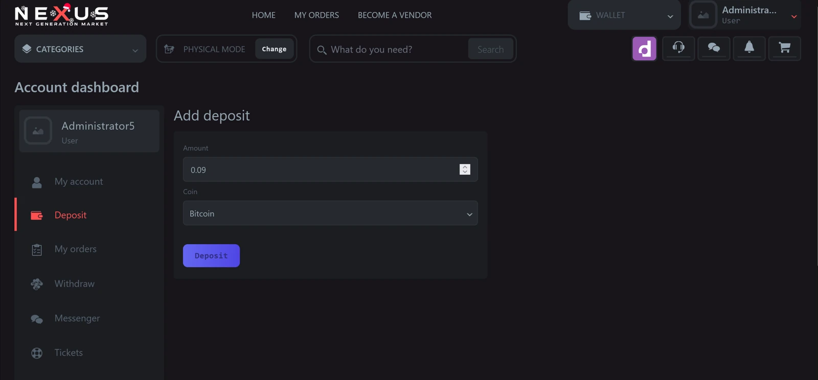 Nexus's Add deposit screen on the account dashboard, with an amount field and a Coin dropdown set to Bitcoin, next to a Deposit button.