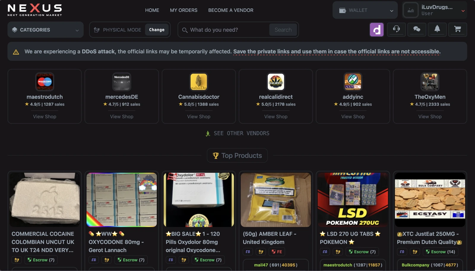 Nexus's logged-in homepage, showing a DDoS-attack notice advising buyers to save private mirror links, a row of top vendor shops with star ratings and sales counts, and a grid of top product listings with escrow badges and prices in XMR and USD.