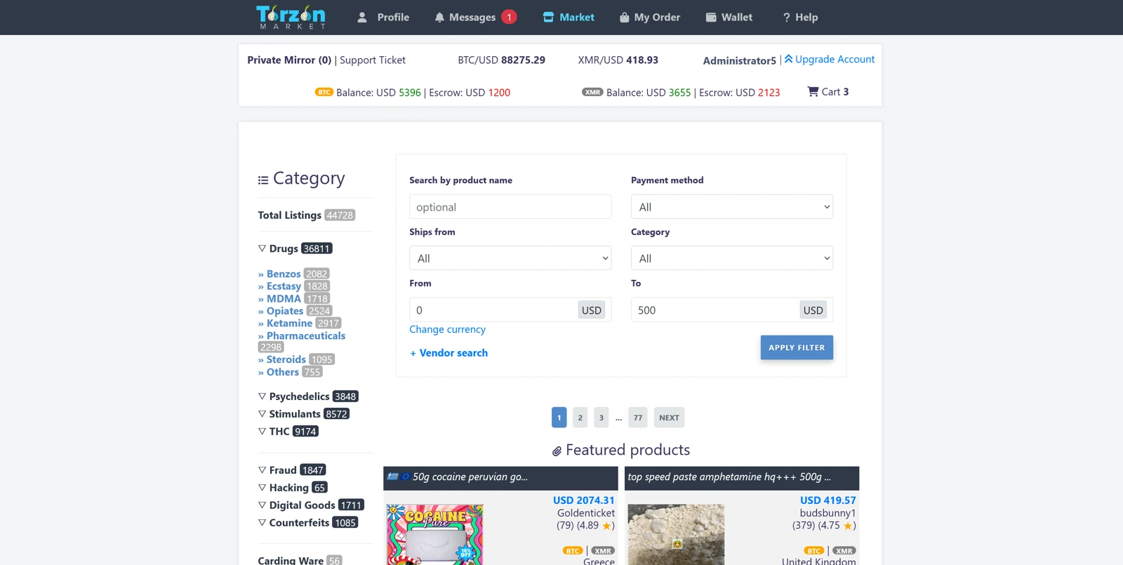 TorZon's logged-in marketplace view, showing the category tree — Drugs with its Benzos, Ecstasy, MDMA, Opiates, Ketamine and Pharmaceuticals subcategories, plus Psychedelics, Stimulants, THC, Fraud, Hacking, Digital Goods and Counterfeits — each with a listing count beside it, and featured product cards below.