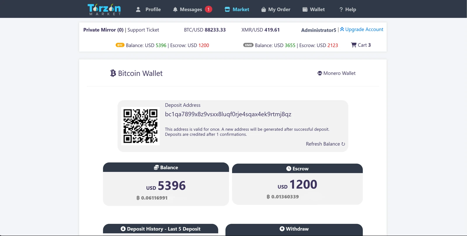 TorZon's wallet page, showing separate Bitcoin and Monero balances side by side, each with its own balance and escrow total, and a Bitcoin deposit address with its QR code.