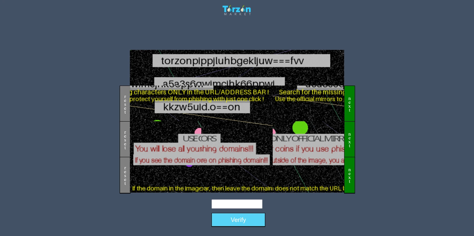 TorZon's own address self-check screen: a scrambled background overlaid with several onion-address fragments and a warning that any domain in the browser's address bar not matching one of them belongs to a phishing site.