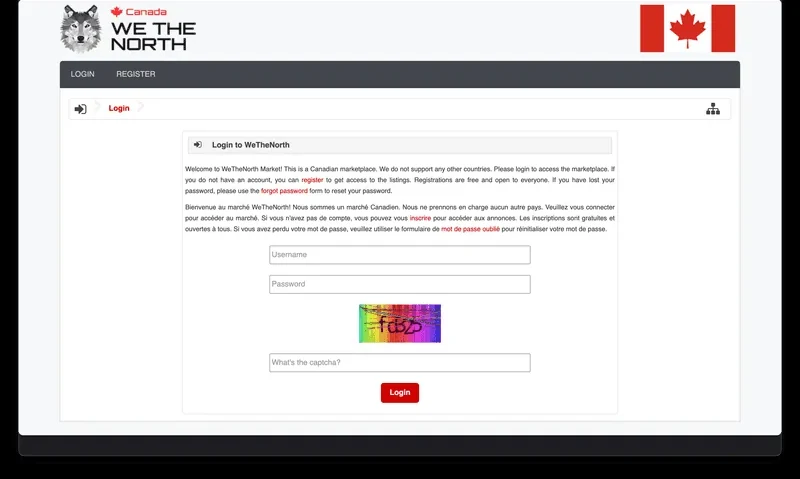 WeTheNorth's login page, in English and French, with a welcome message explaining the market is Canada-only, plus Username, Password and captcha fields above a red Login button.