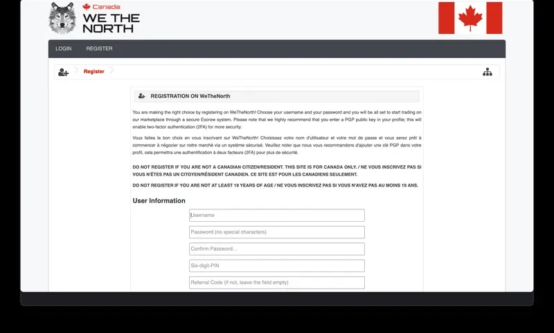 WeTheNorth's registration page, in English and French, stating in bold that the site is for Canadian citizens/residents only and for those at least 19 years of age, above Username, Password, PIN and referral-code fields.