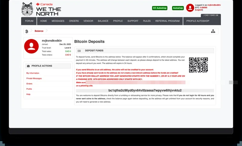 WeTheNorth's Bitcoin Deposits page, showing a QR code, a one-time deposit address, and warnings that the address rotates on each deposit and that funds sent to an old address will not be credited.