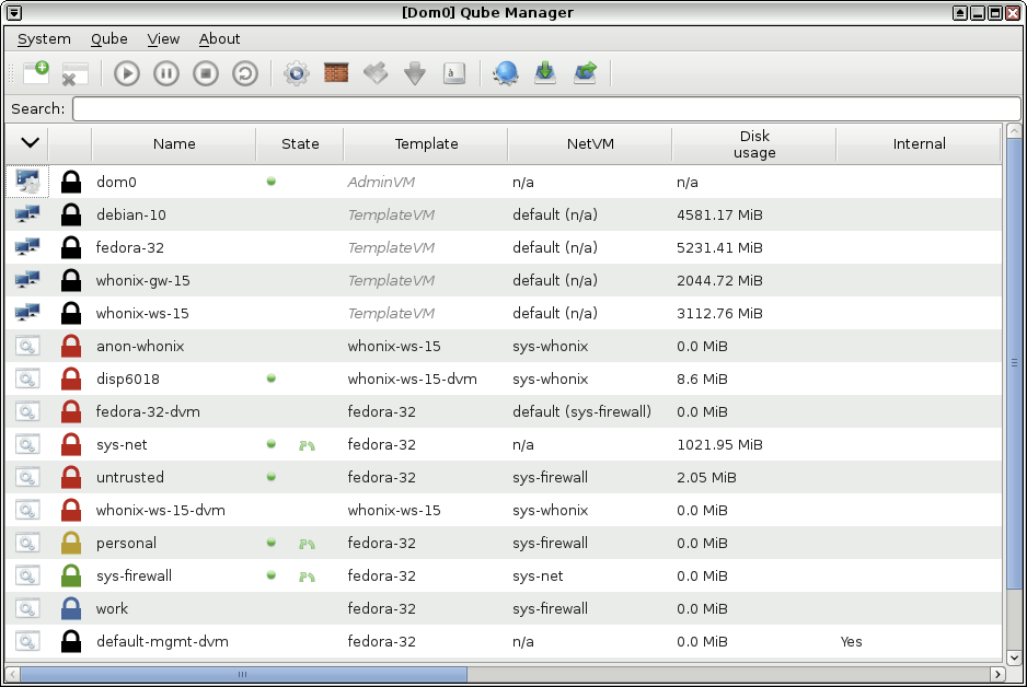 Qube Manager listing qubes by name, state, template, NetVM, disk usage, and colour-coded label.