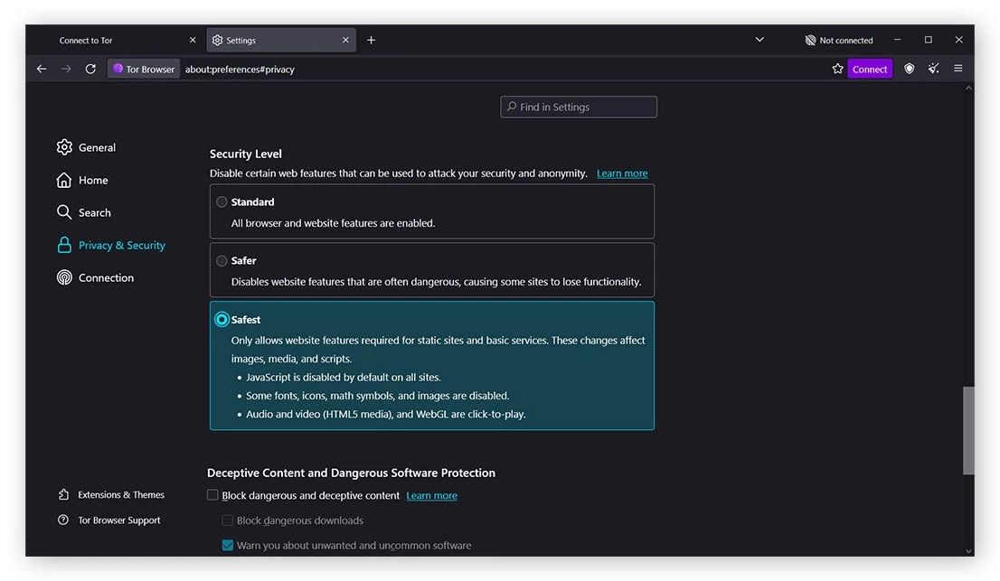 Tor Browser's Security Level settings panel, showing Standard, Safer, and Safest, with Safest selected and its effects listed.