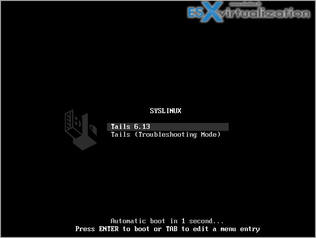 A SYSLINUX boot menu shown when starting a Tails USB stick, listing the Tails entry and a troubleshooting mode.